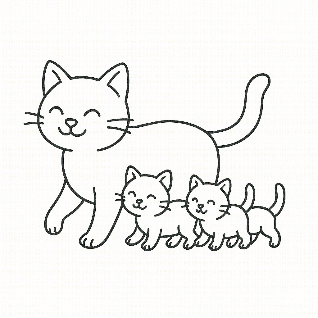 Sketch of a smiling cat with two kittens following.