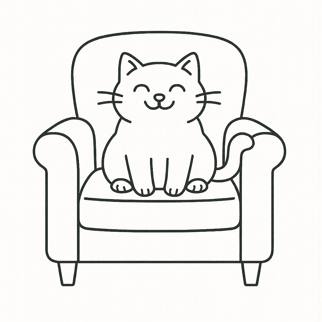 A happy cat sitting on a comfy armchair, looking content.