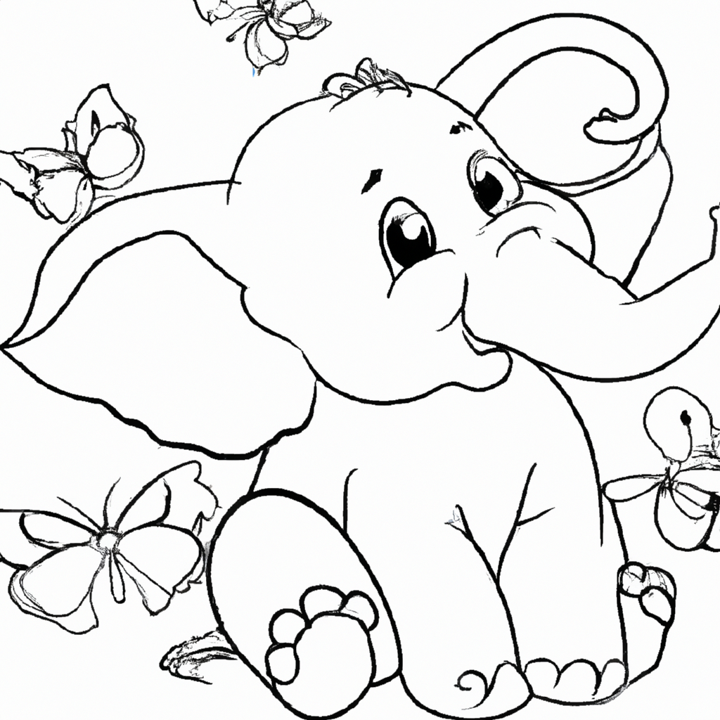 Sketch of a cute baby elephant with butterflies around.