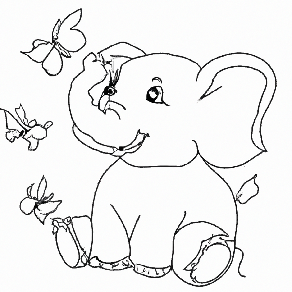 Sketch of a cute elephant with butterflies around it.