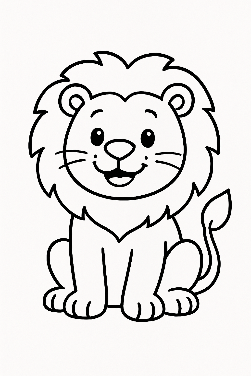 Sketch of a cute, smiling lion with a fluffy mane, sitting down.