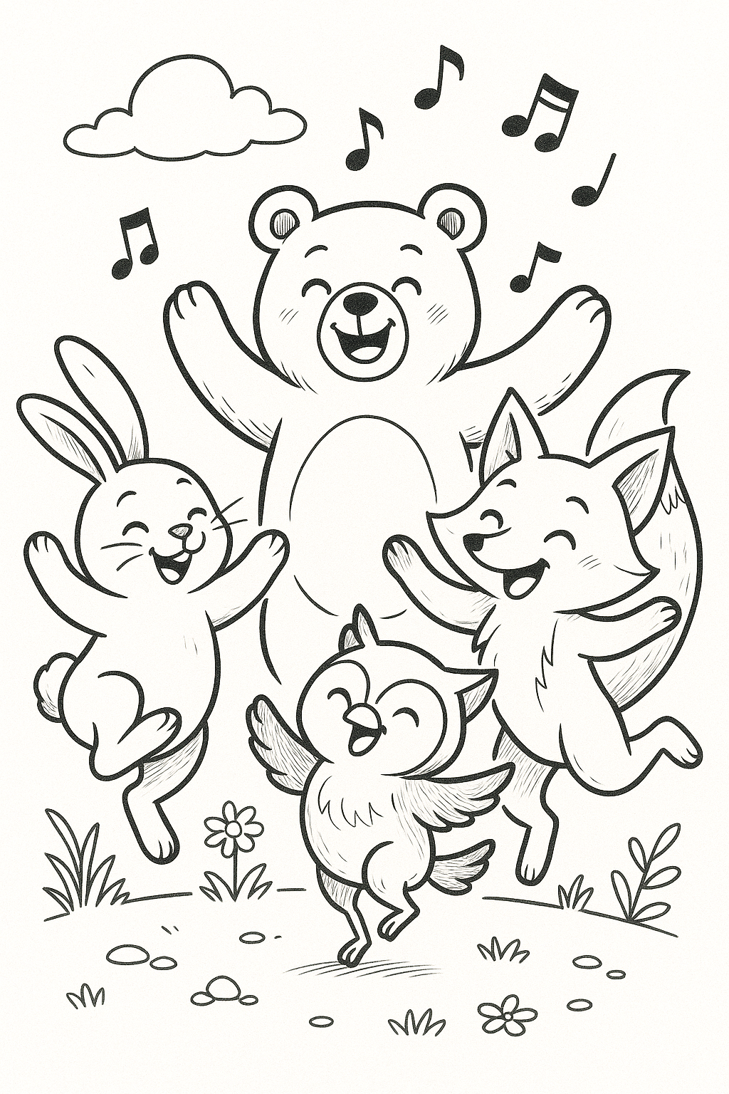 Bear, rabbit, fox, and owl dancing with musical notes.