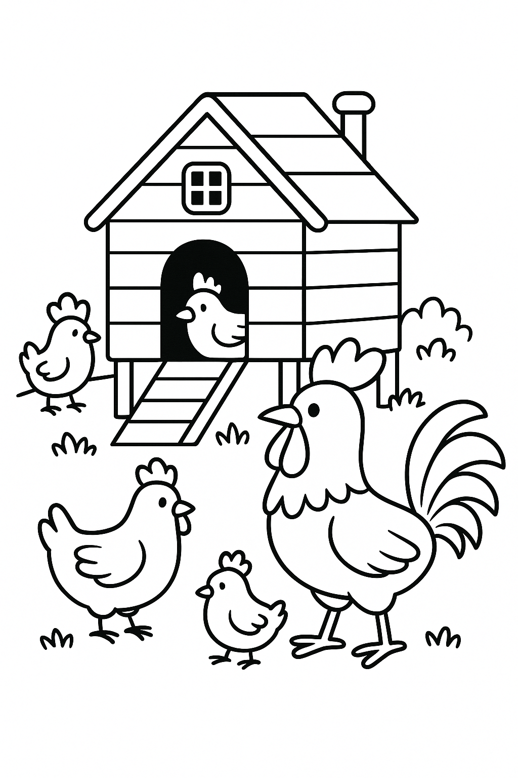 Sketch of chickens and a rooster around a chicken coop.