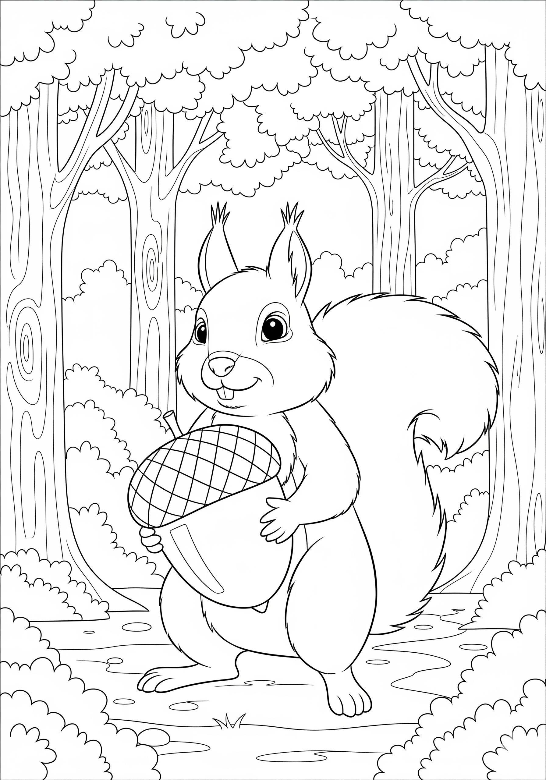 A squirrel holding an acorn in a forest with trees.