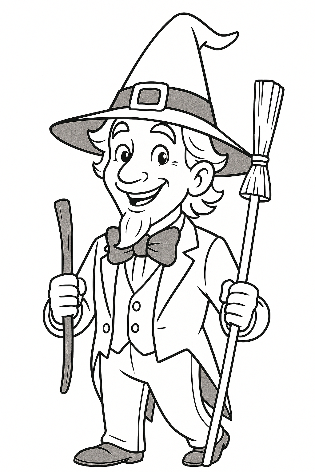 Sketch of a cheerful wizard with a hat, holding a broom and staff.