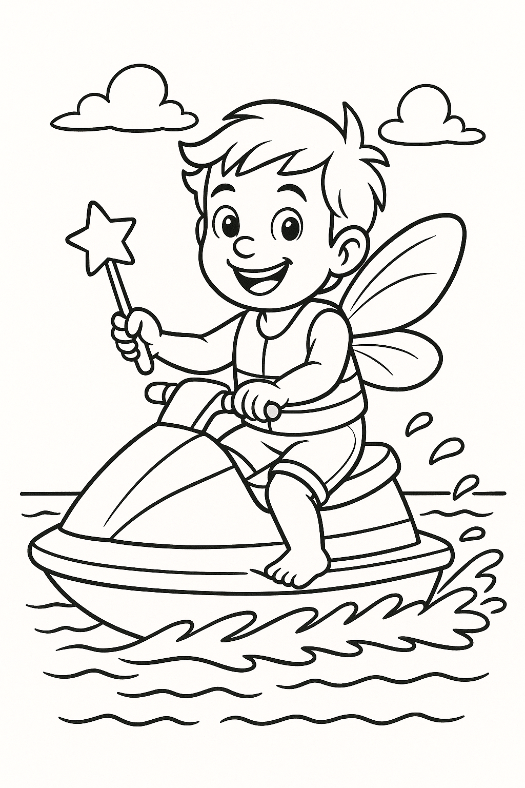 Fairy child with wings on a jet ski holding a magic wand.