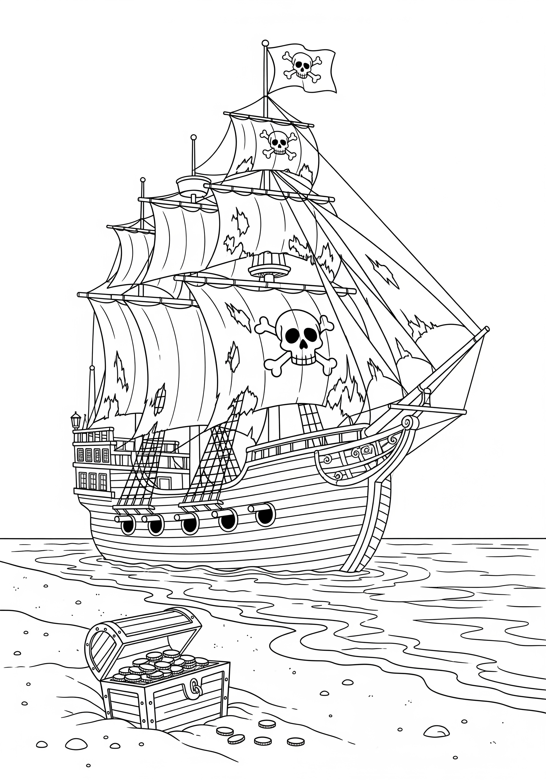 Sketch of a pirate ship with skull flag and treasure chest on beach.