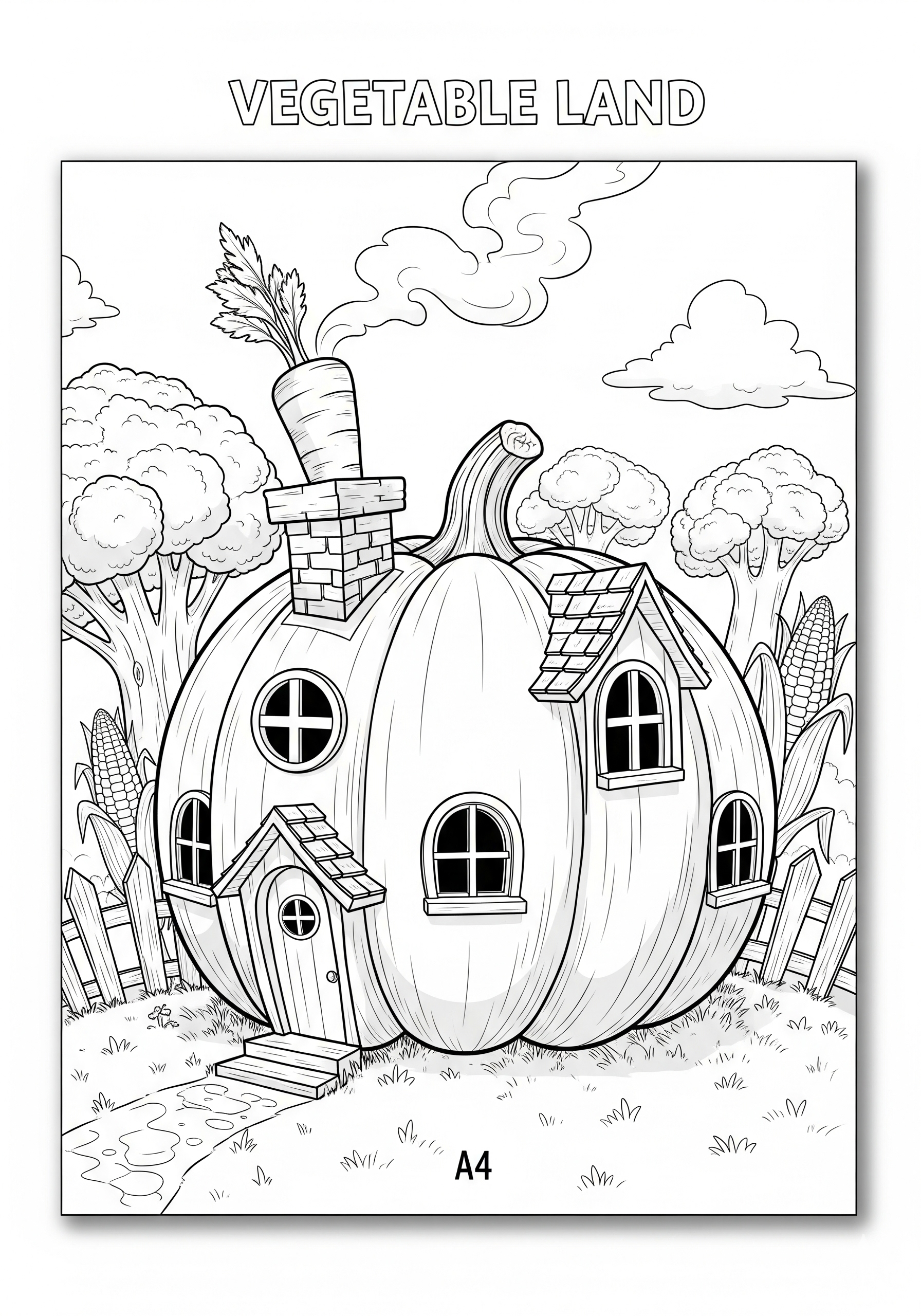 Sketch of a pumpkin-shaped house with a carrot chimney in a whimsical garden.