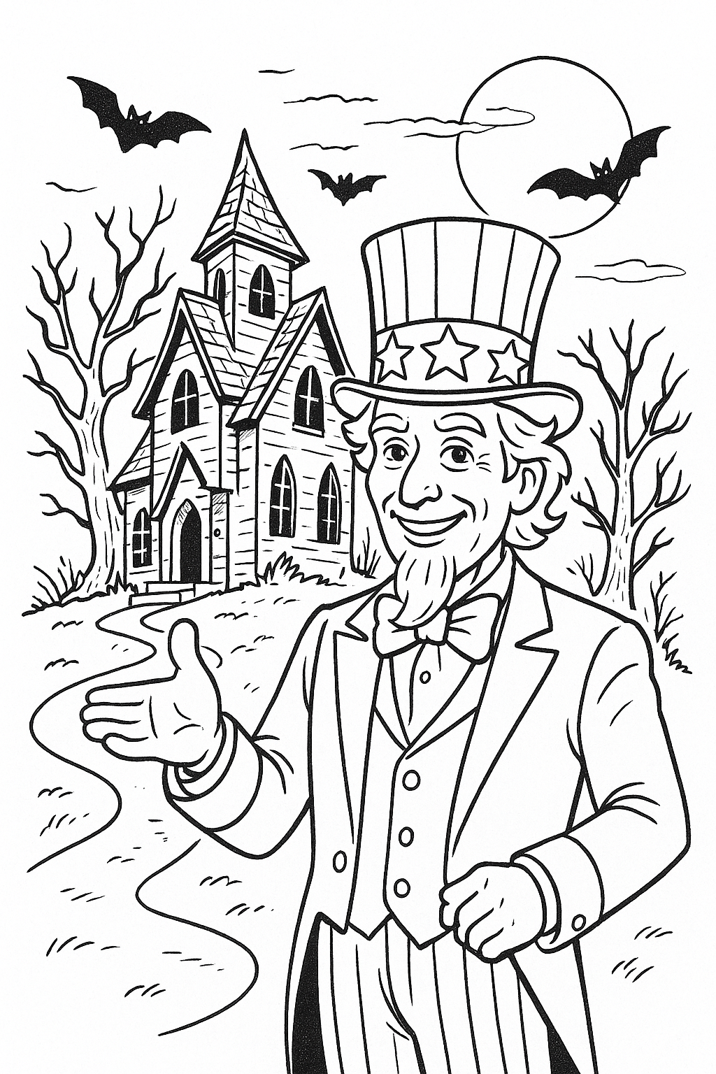 Character in top hat in front of spooky house with bats and moon.