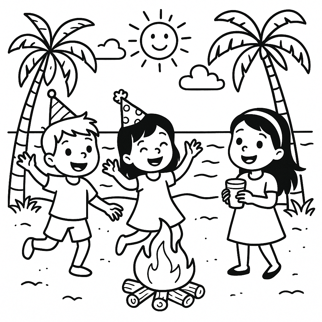 Three kids at a beach bonfire party with palm trees and a smiling sun.