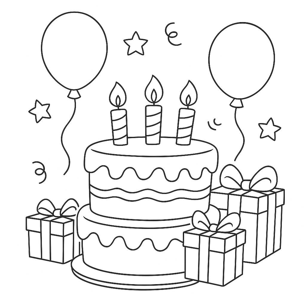 Birthday cake with candles, balloons, and gifts.