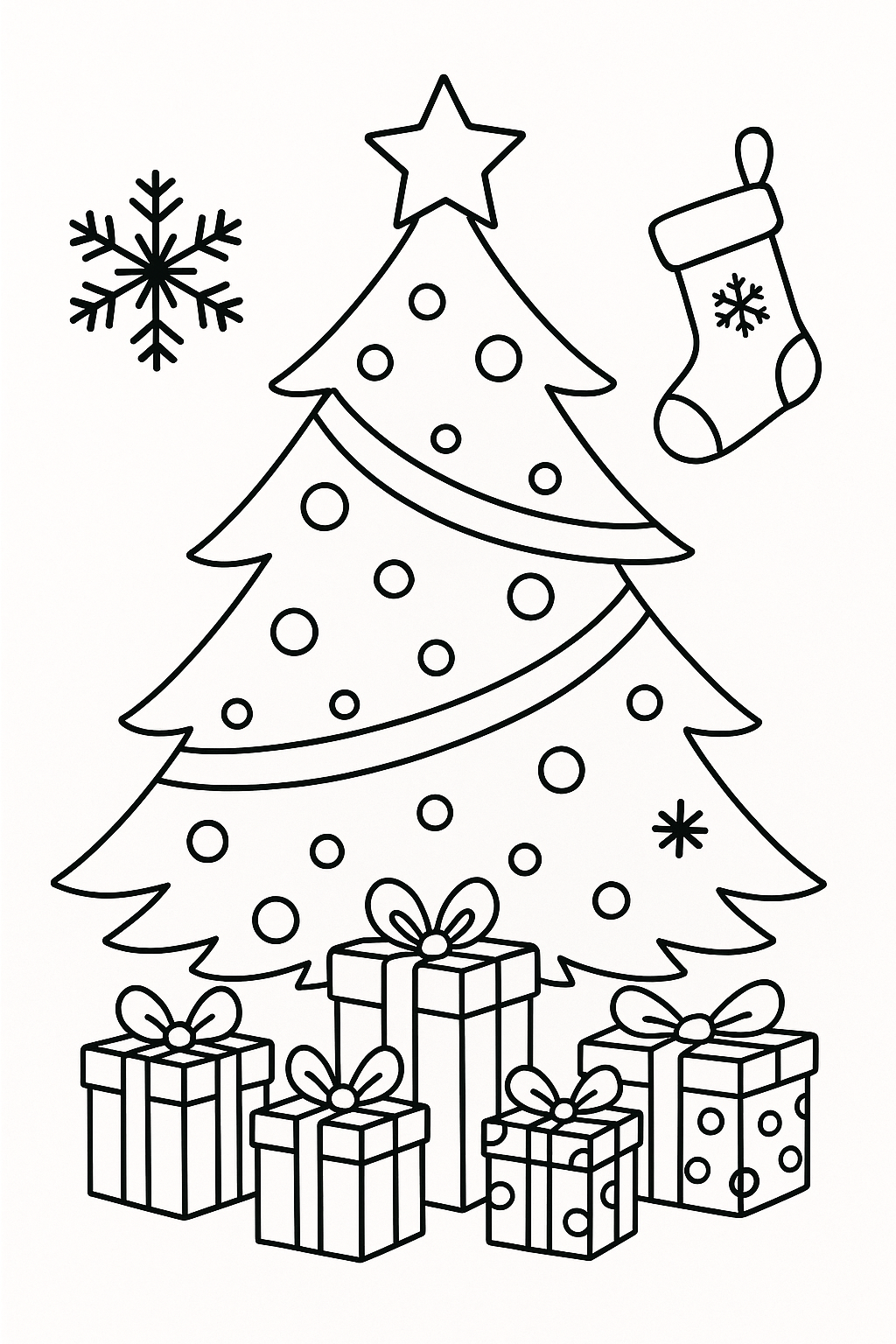 Christmas tree with ornaments, gifts, stocking, and snowflake.