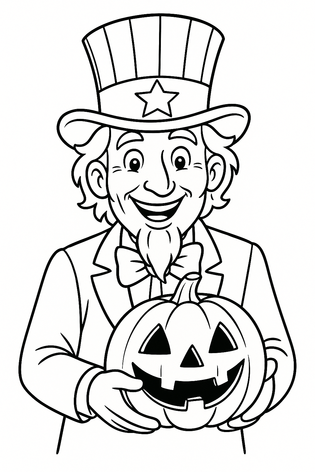 Man in a star hat holding a Jack-o'-lantern with a smile.