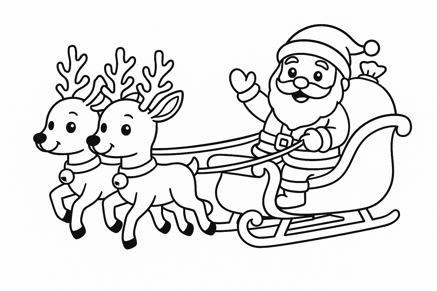 Santa Claus riding a sleigh with two reindeer.
