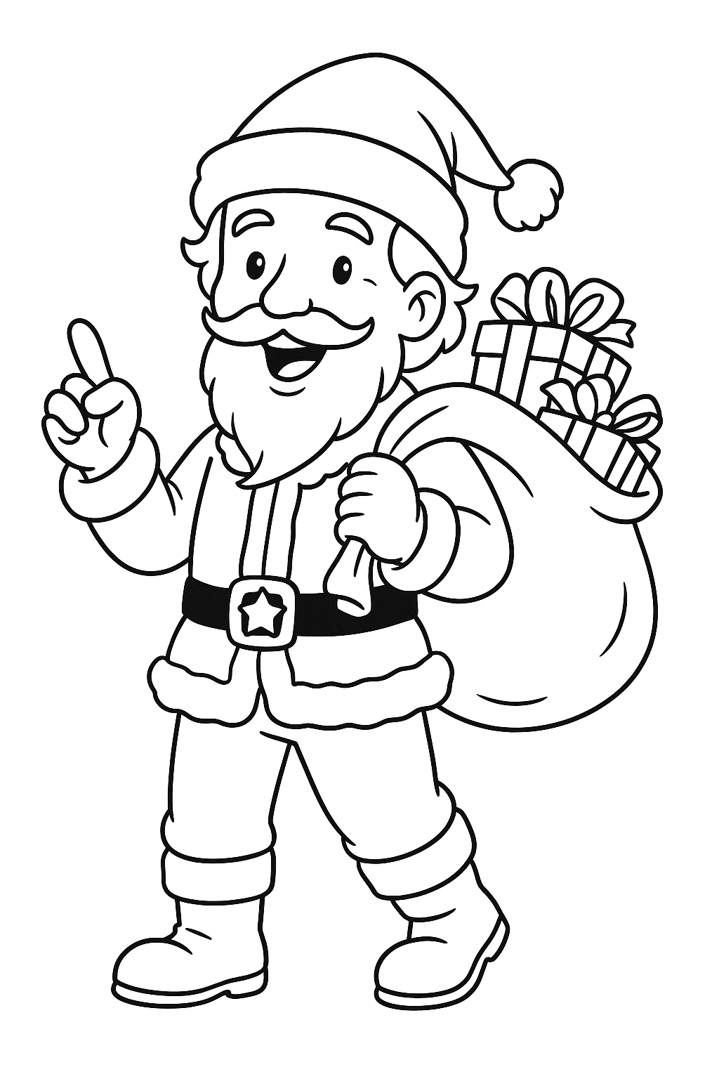 Santa Claus holding a sack of gifts, smiling.