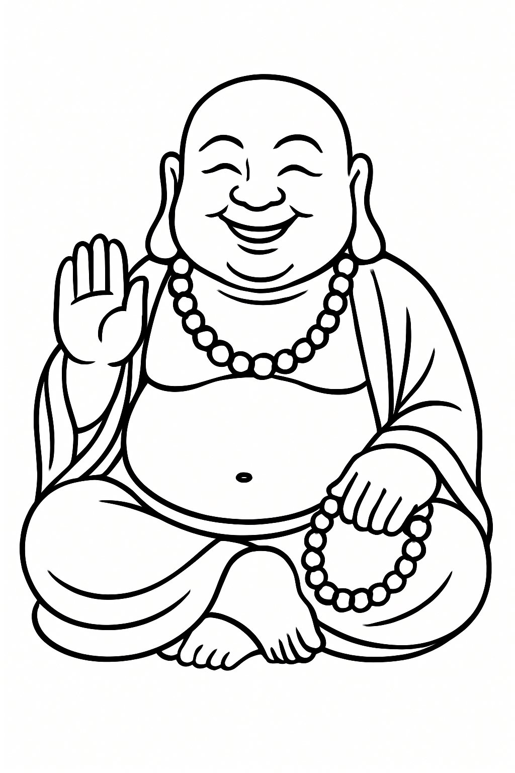 Sketch of a smiling Buddha with prayer beads and a raised hand.