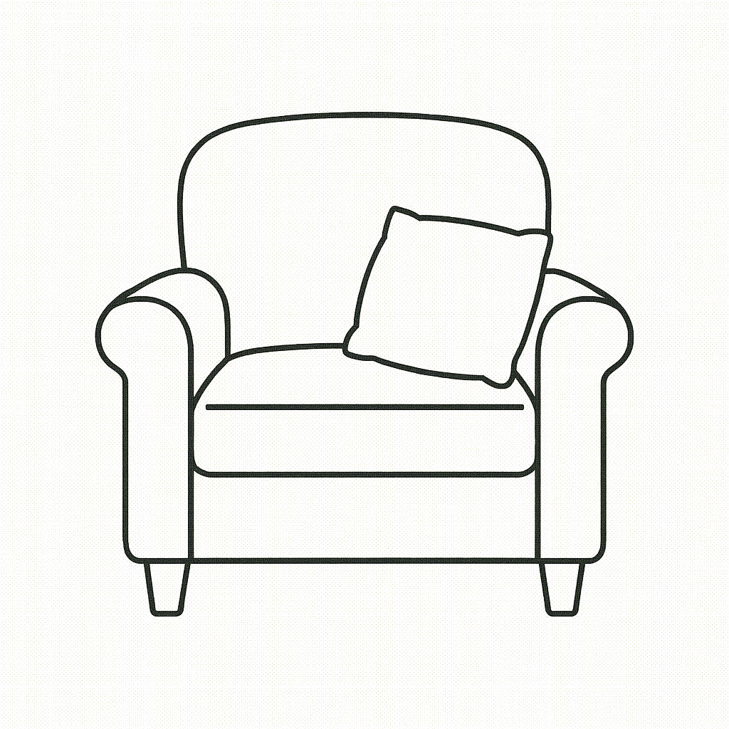 Line sketch of an armchair with a pillow on it.
