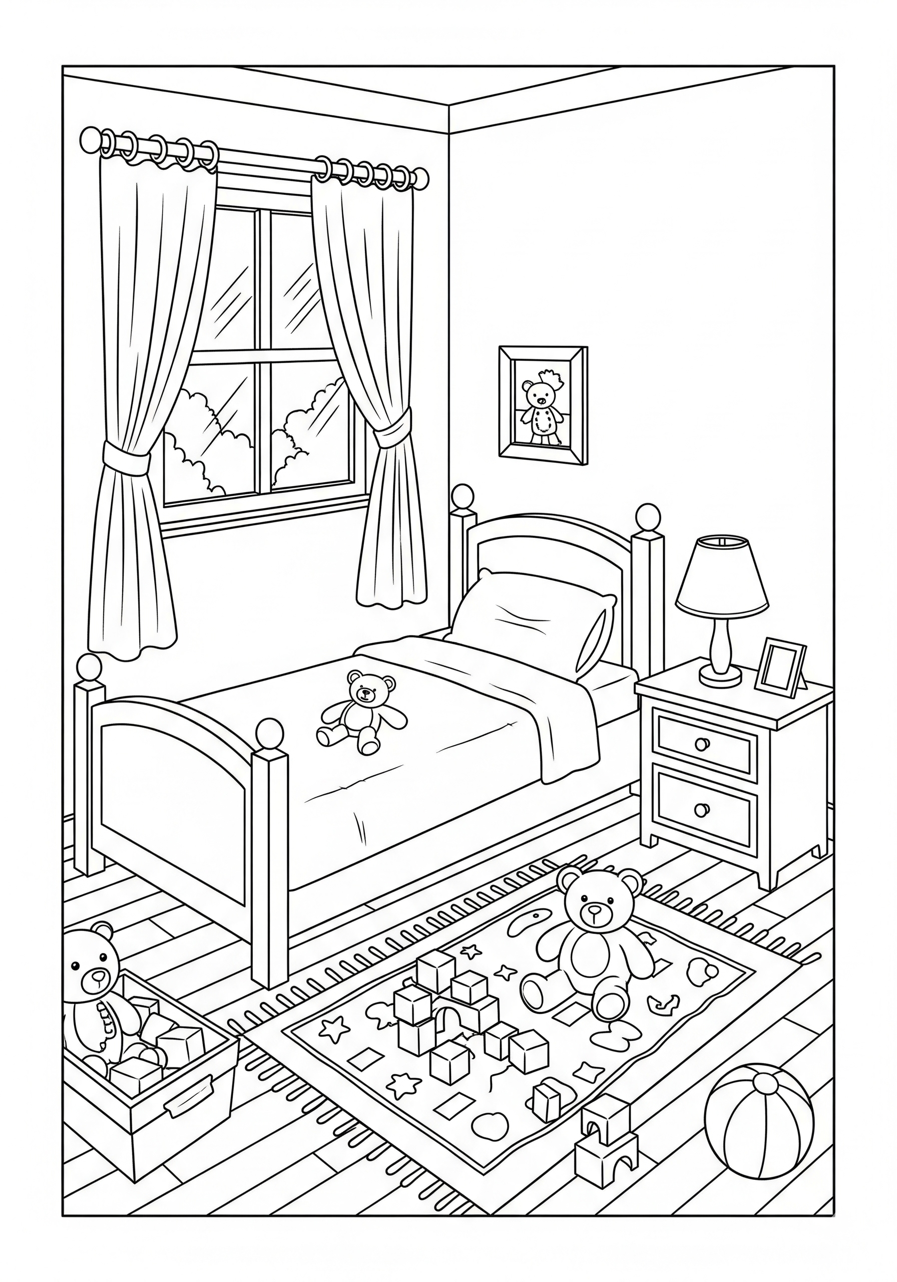 Children's bedroom with bed, teddy bears, and toys.
