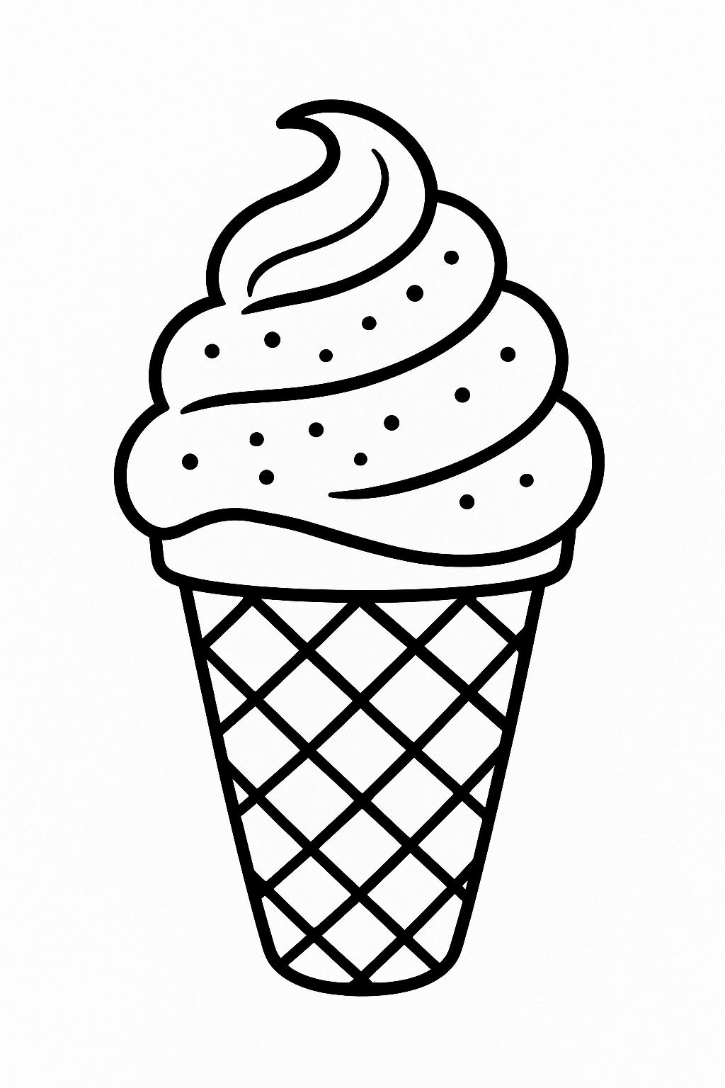 Sketch of an ice cream cone with a swirled top and waffle pattern.