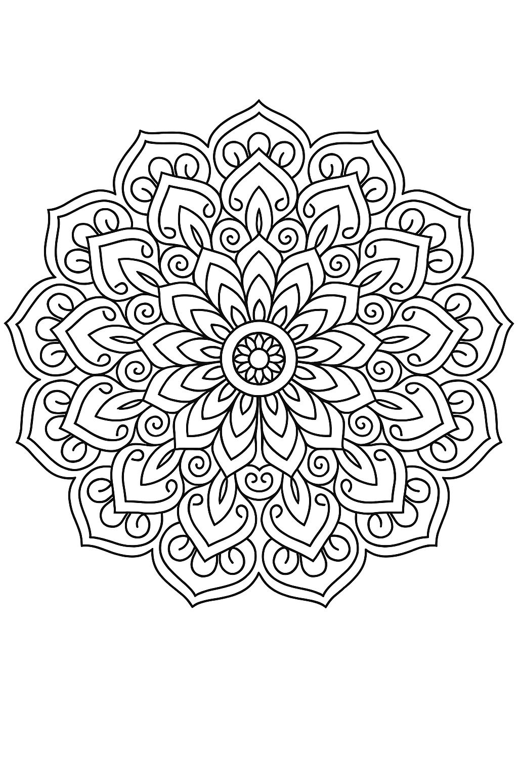 Black and white intricate mandala sketch with floral patterns.