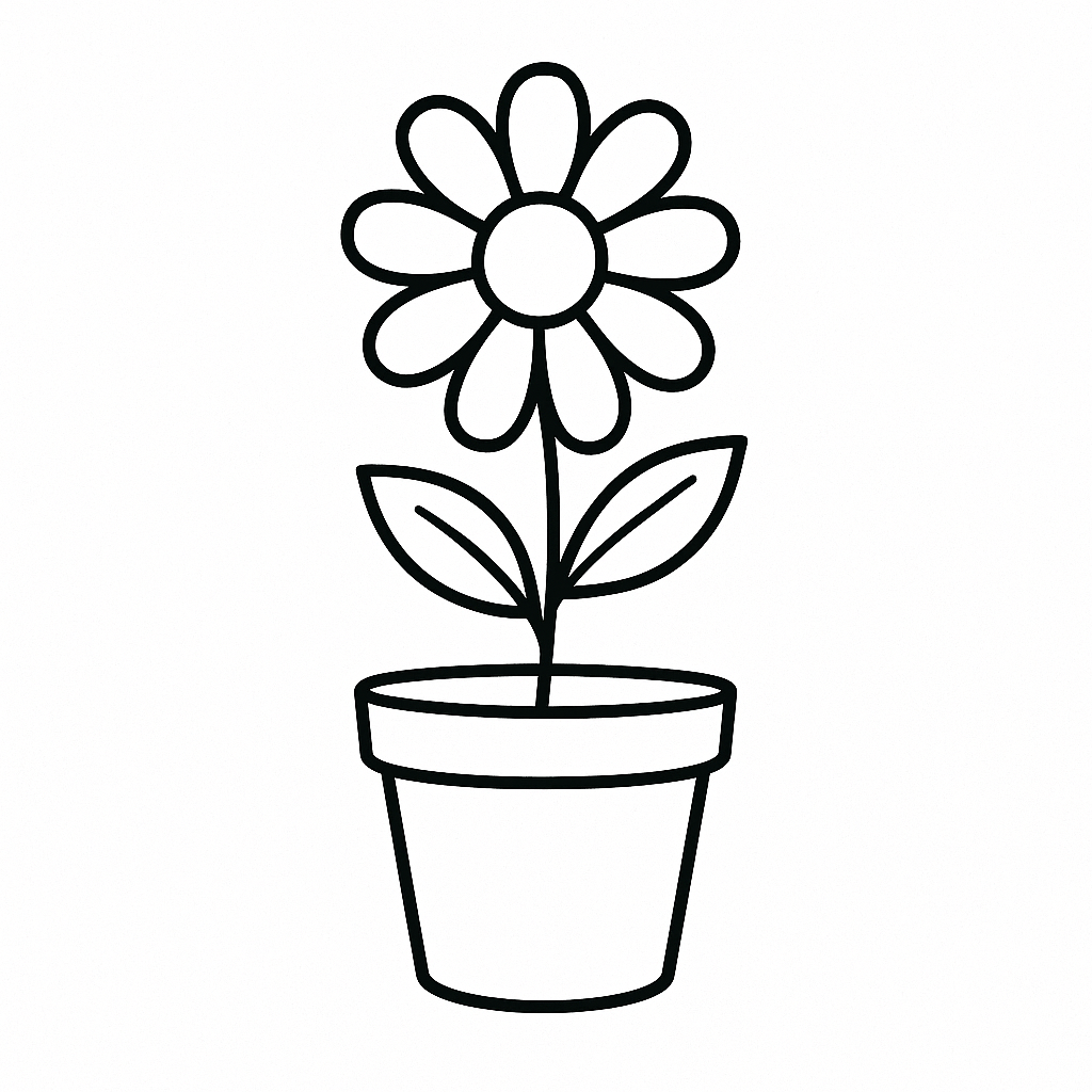 A simple sketch of a flower in a pot with a round center and petals.