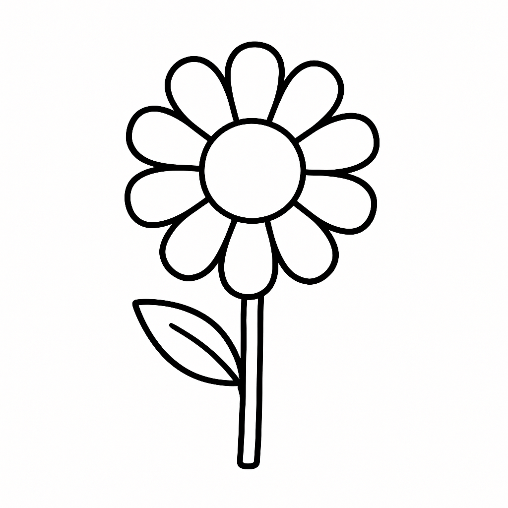 Simple line drawing of a flower with petals and a leaf.