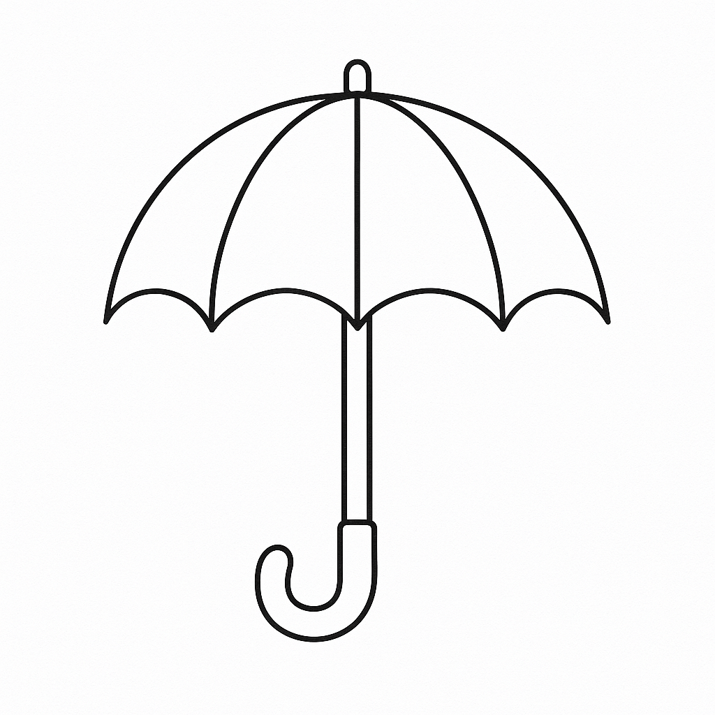 Line drawing of an umbrella with a curved handle.