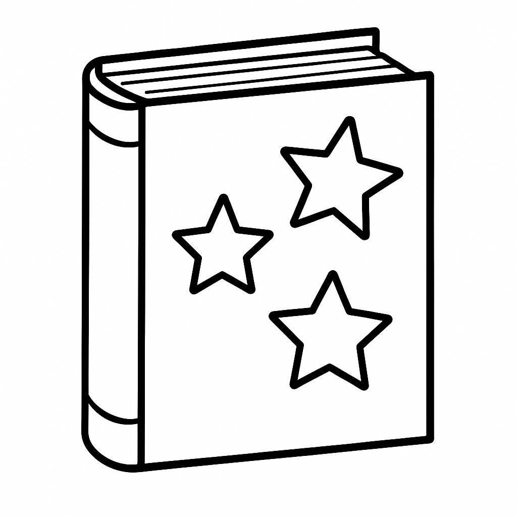 Sketch of a book with three stars on the cover.