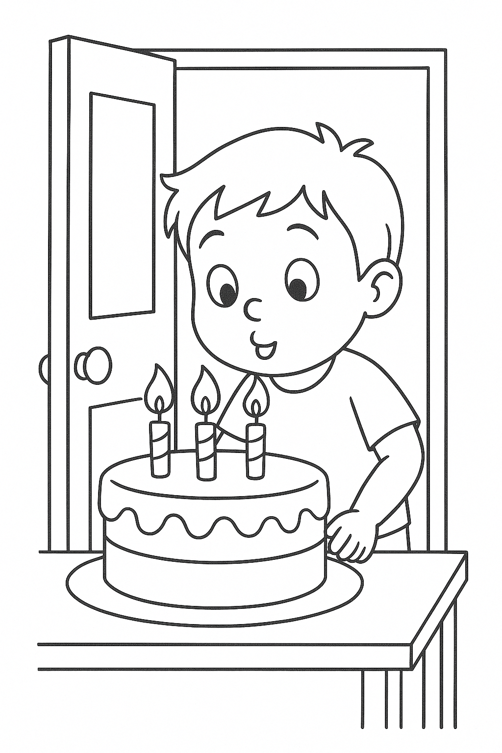 A boy smiling at a birthday cake with lit candles on a table.