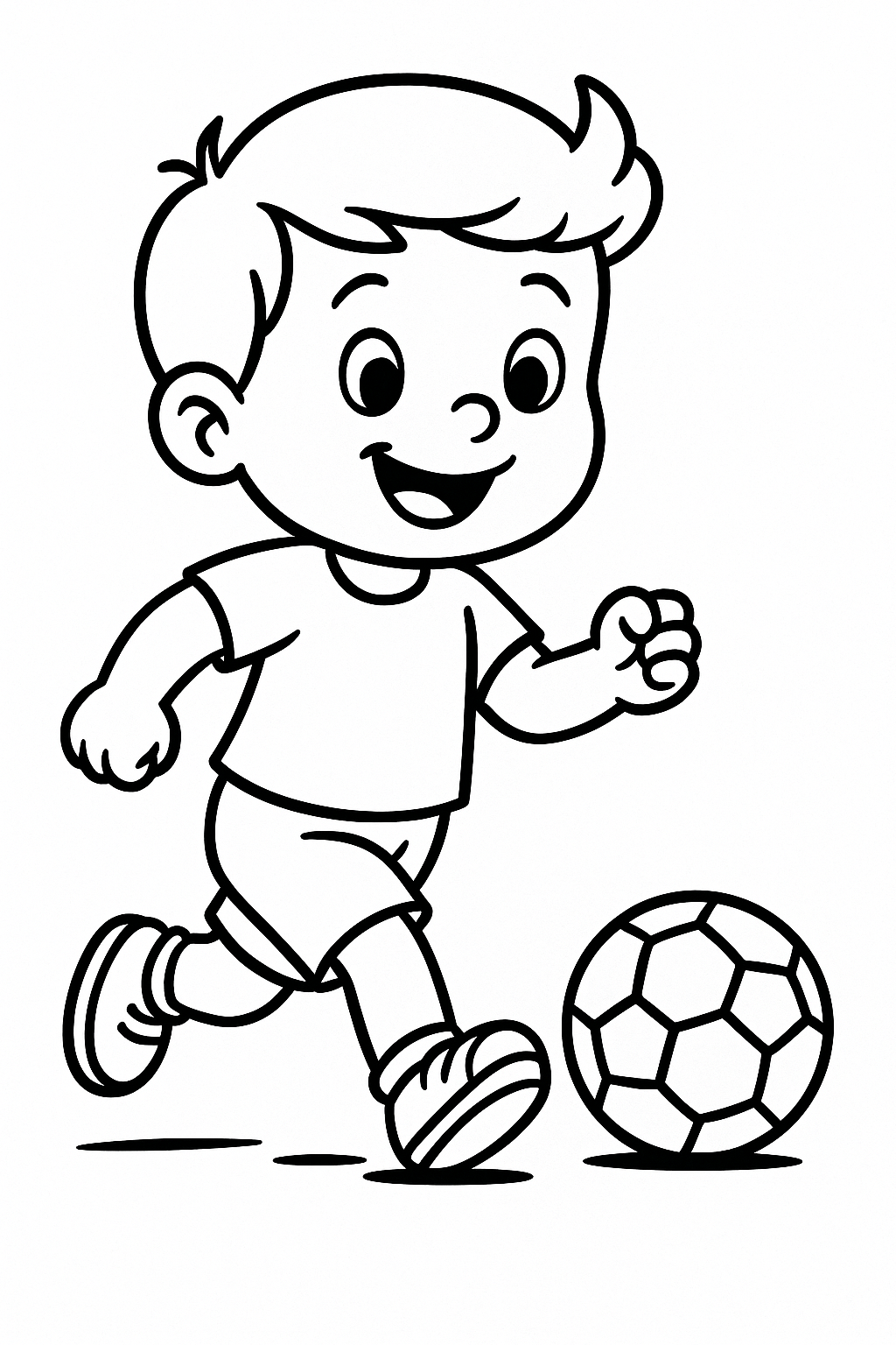 A happy boy running and playing soccer with a ball.