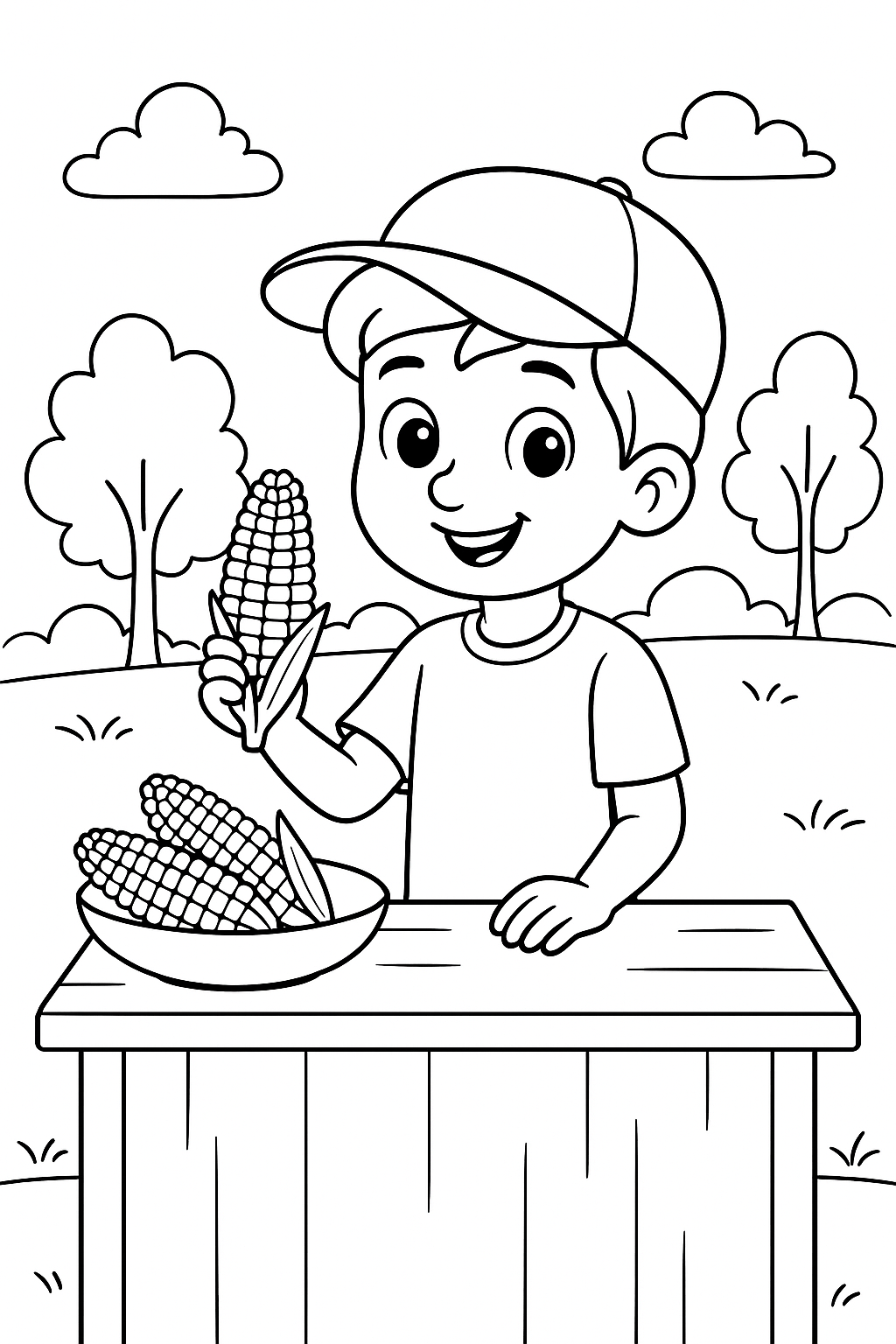Boy in a cap holding corn at a stand with trees and clouds in the background.