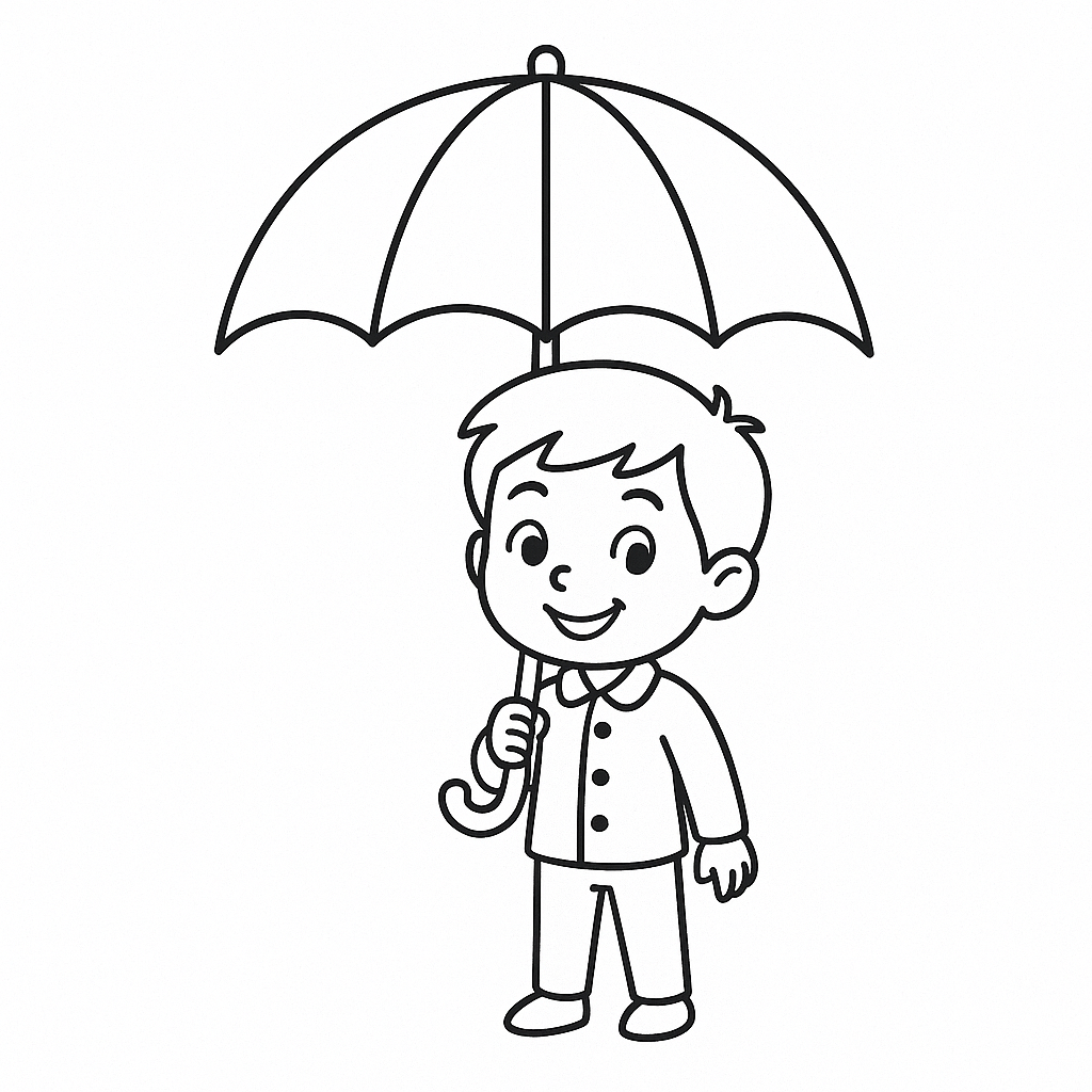 Sketch of a smiling boy holding an umbrella.