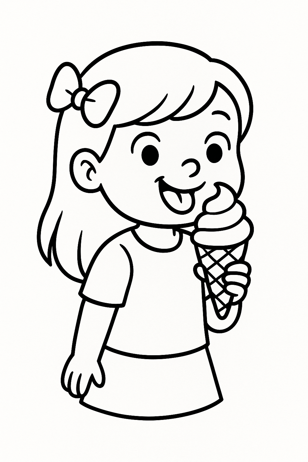 A girl with a bow in her hair eating an ice cream cone.