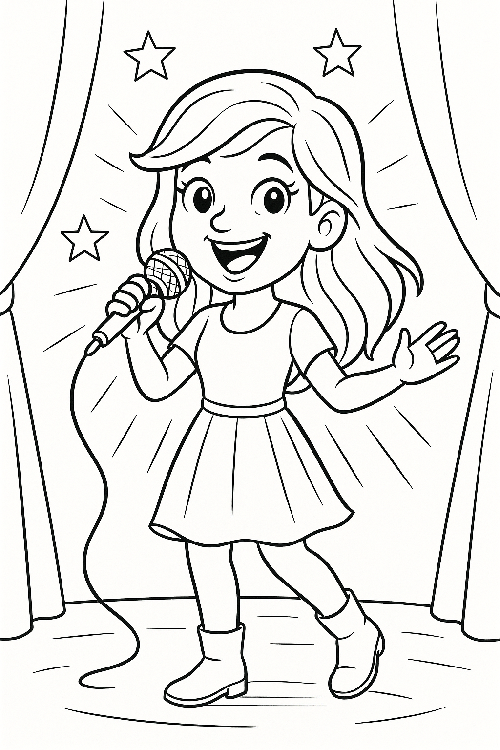 A girl singing on stage with stars and curtains in the background.