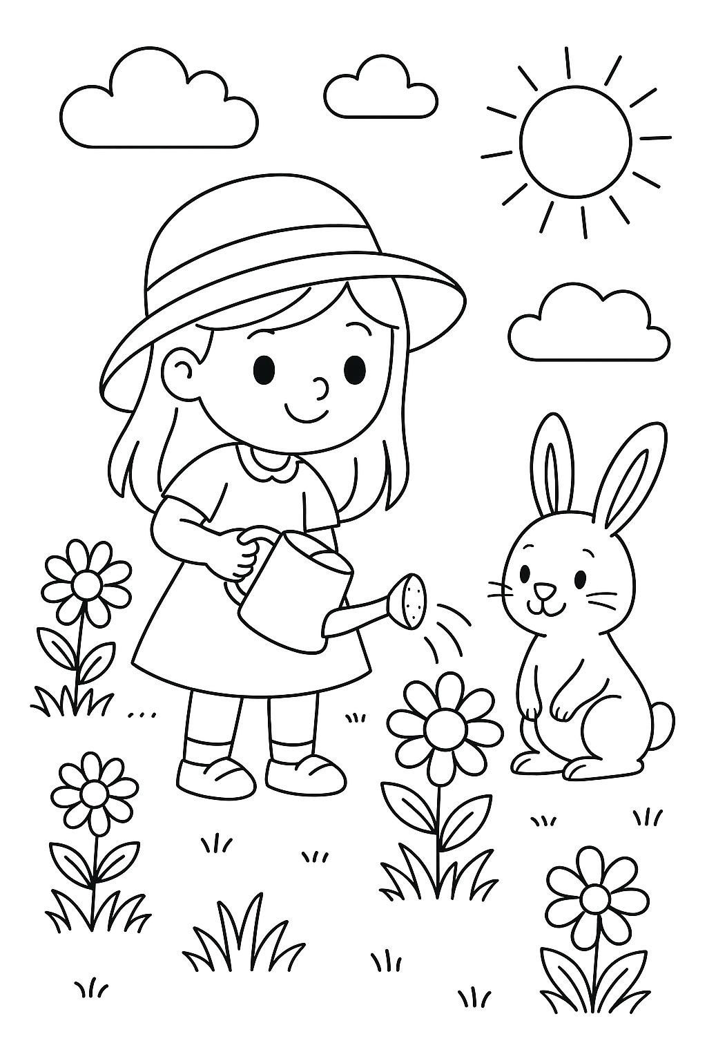 Girl wearing a hat watering flowers with a rabbit nearby under a sunny sky.