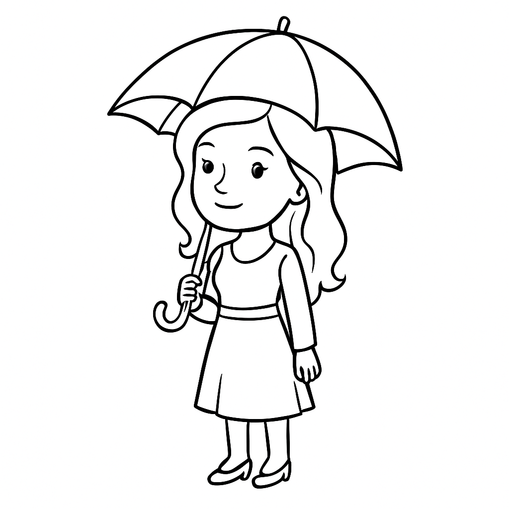 Sketch of a girl holding an umbrella, smiling.
