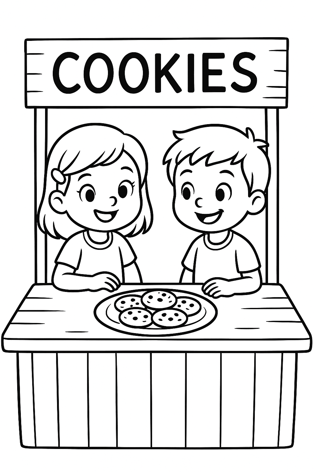 Two kids at a cookie stand with a plate of cookies.