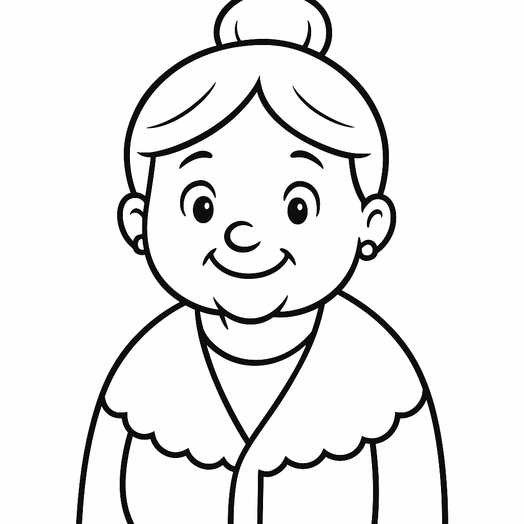Sketch of a smiling elderly woman with a bun hairstyle.