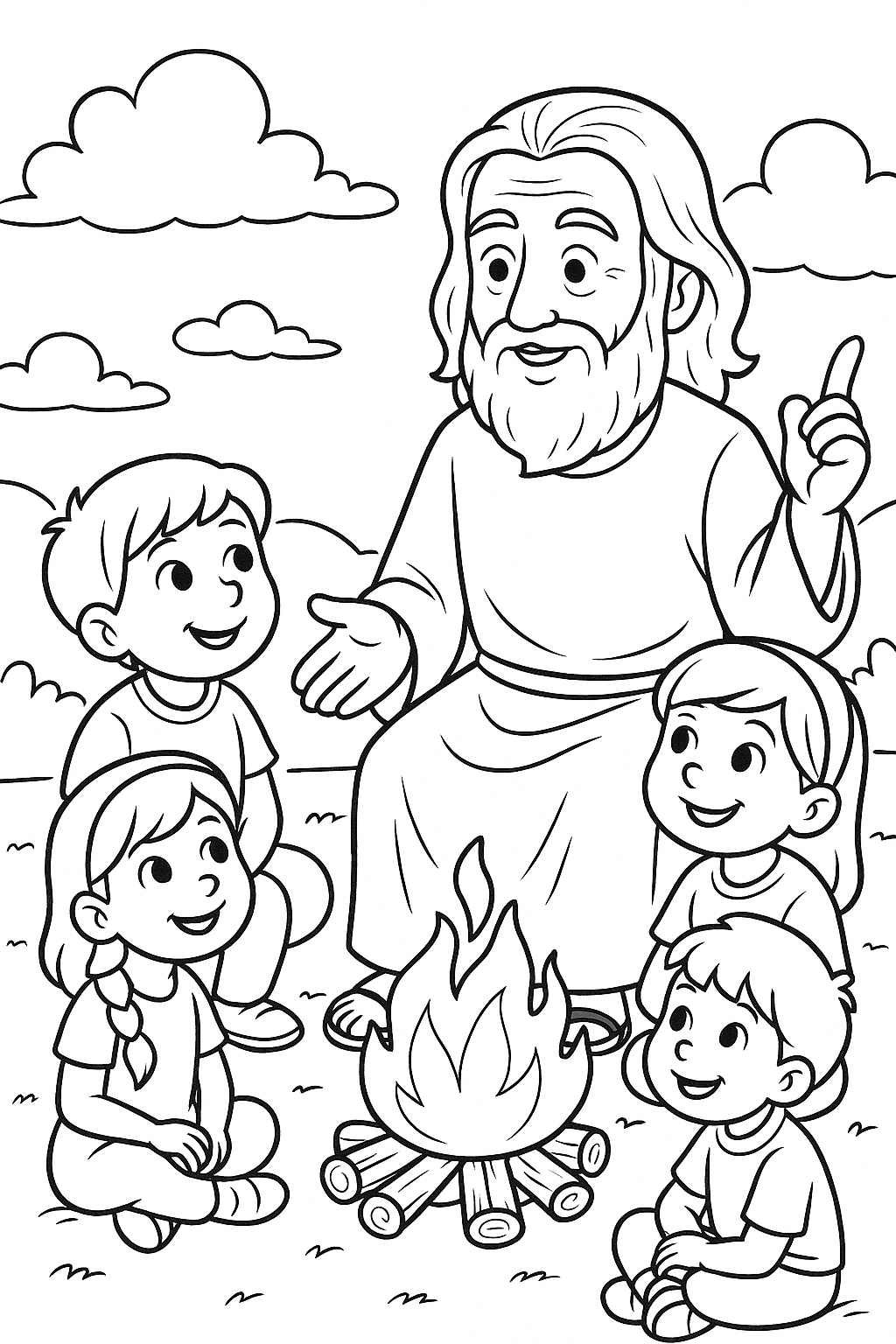 Children sitting around a campfire listening to an elder's story.