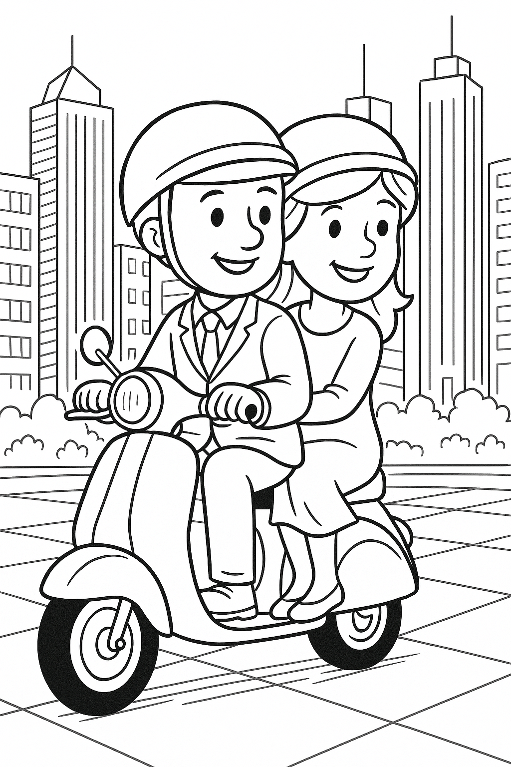A couple riding a scooter in a city with tall buildings.