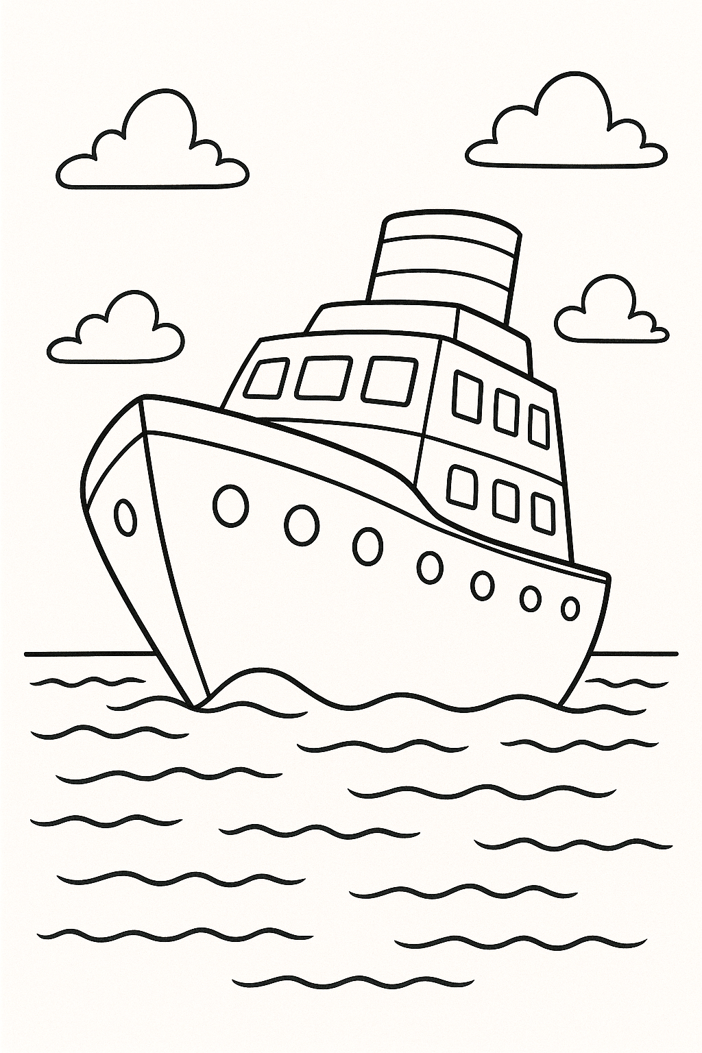 Sketch of a cruise ship on the ocean with clouds in the sky.