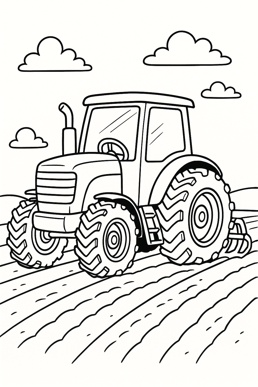 A tractor plowing a field with clouds in the sky.