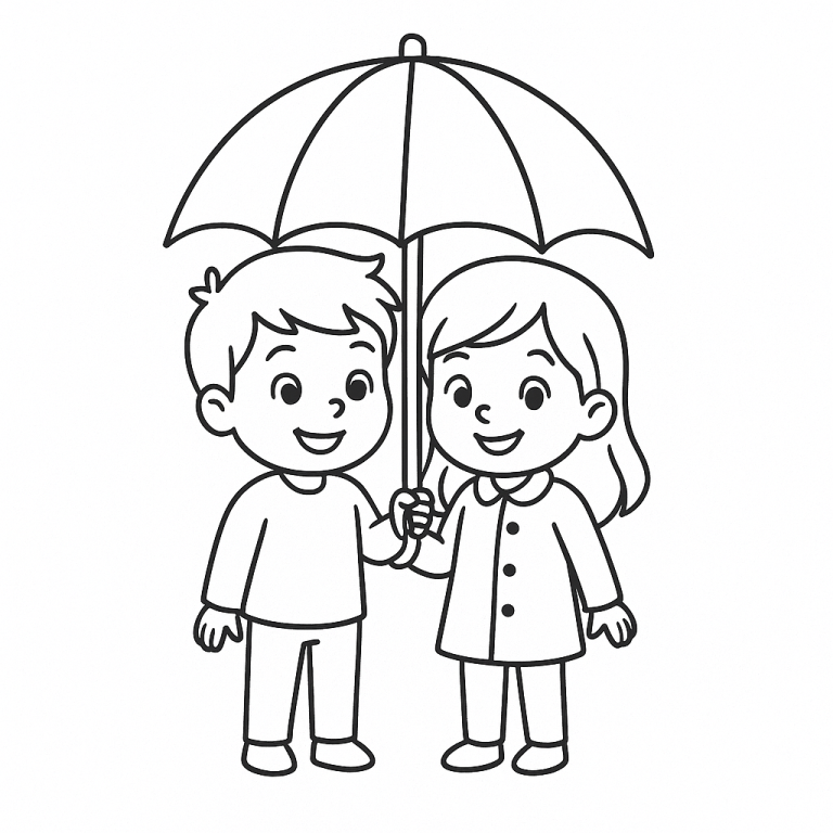 Boy and Girl Sharing Umbrella