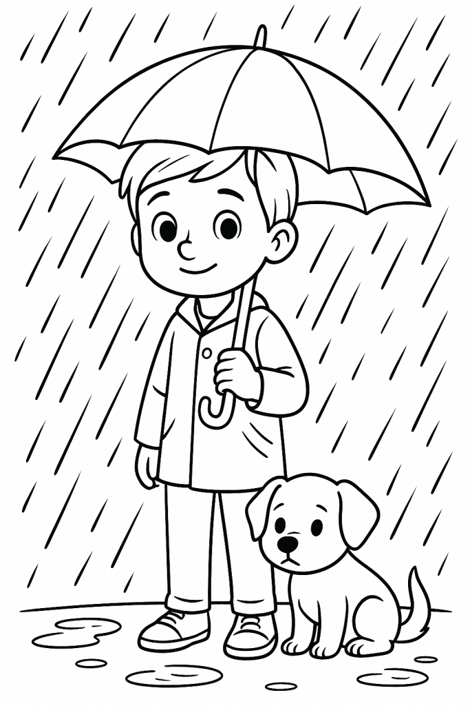 Boy with Dog in Rain