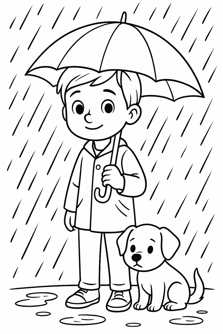Boy with Dog in Rain