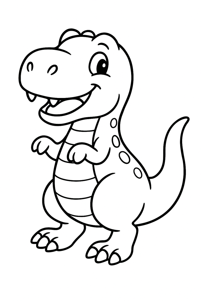 A cute cartoon dinosaur with a big smile and small arms.