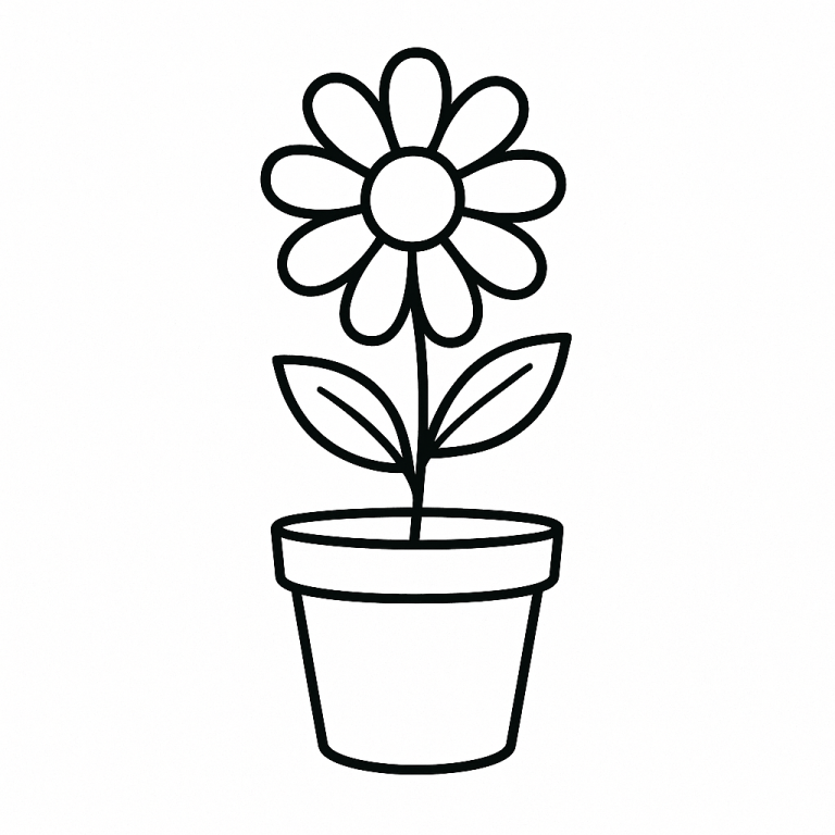 A simple sketch of a flower in a pot with a round center and petals.