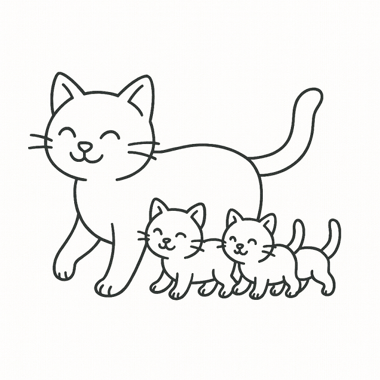 Sketch of a smiling cat with two kittens following.