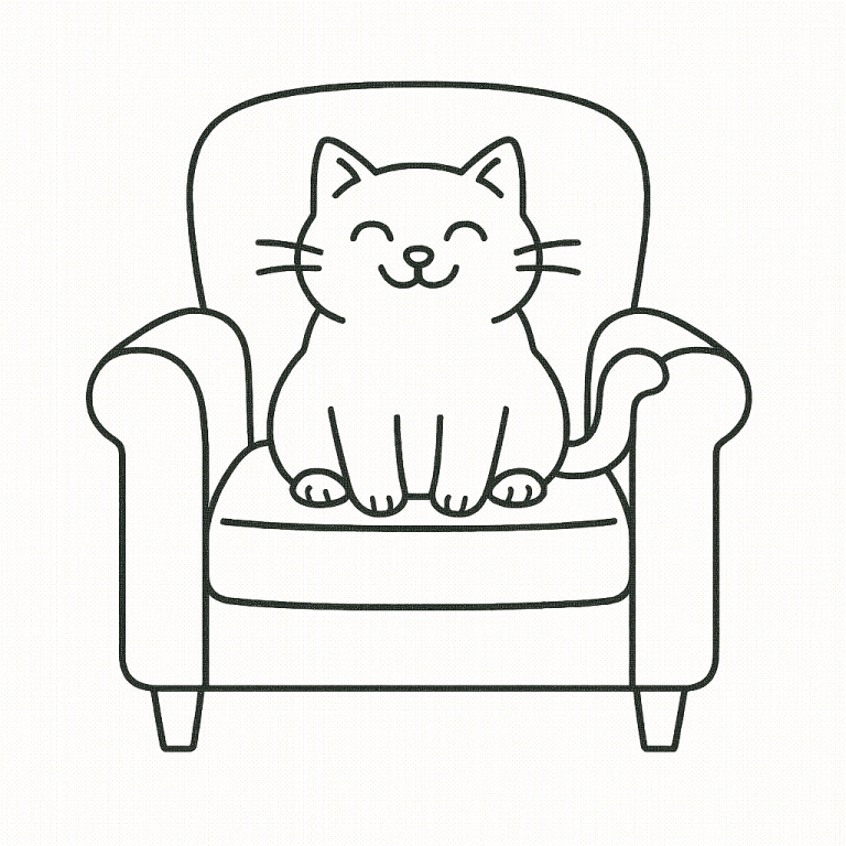 A happy cat sitting on a comfy armchair, looking content.