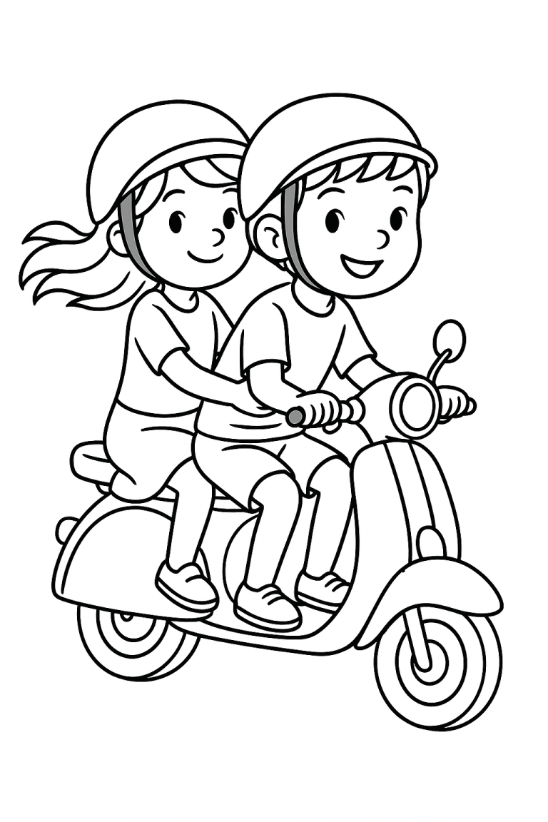 Two kids wearing helmets riding a scooter happily.